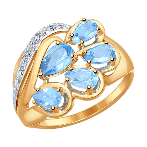 Кольцо из золота с голубыми топазами и фианитами
